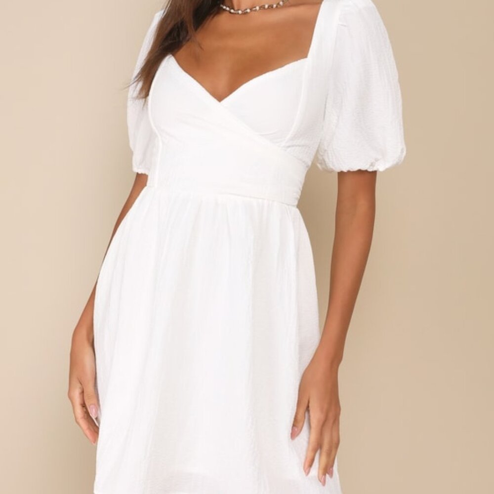 Lulus Little Bit In Love White Surplice Puff Sleeve Mini Dress - Size S